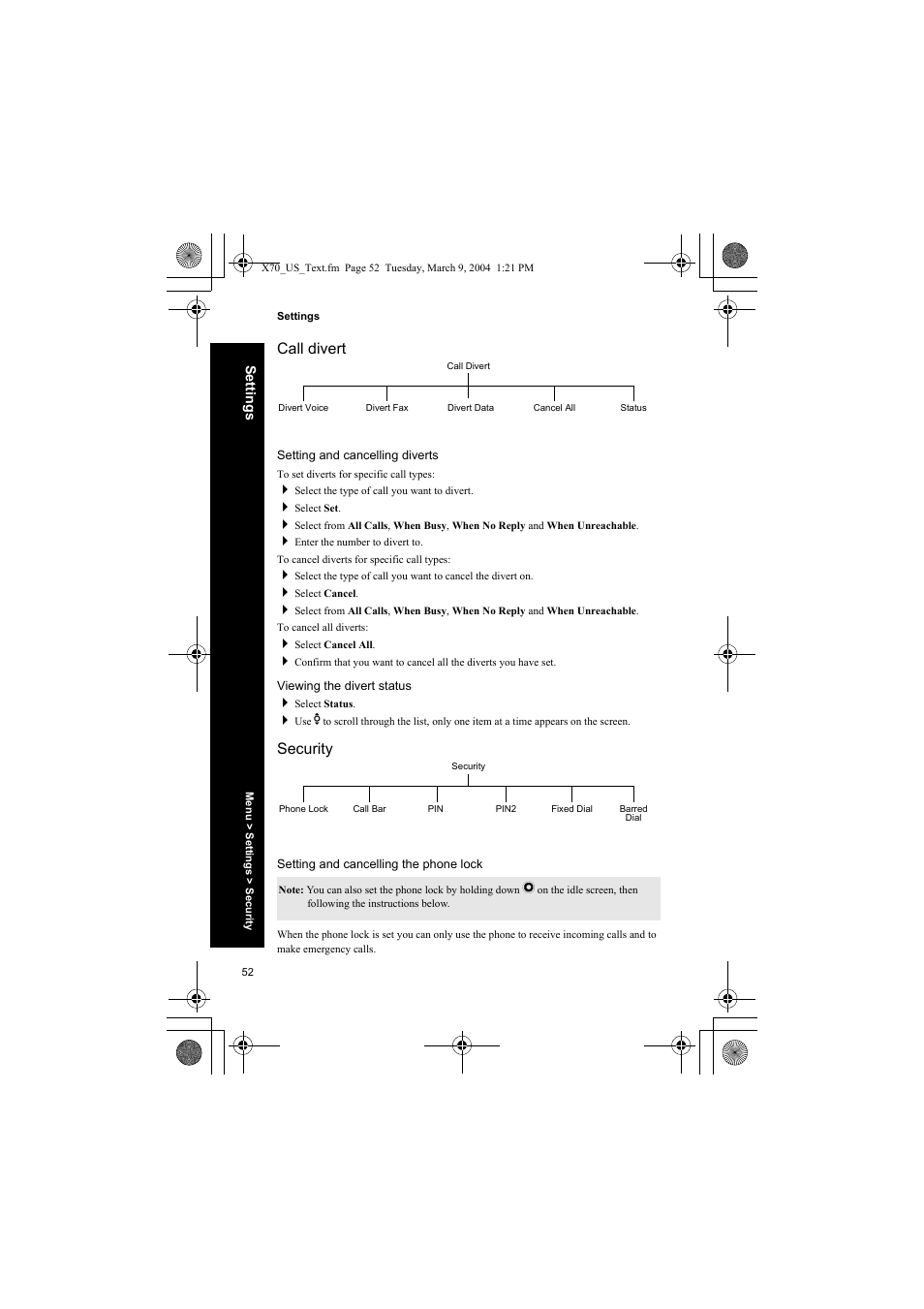 Call divert, Setting and cancelling diverts, Viewing the divert status | Security, Setting and cancelling the phone lock | Panasonic EB-X70 User Manual | Page 52 / 158