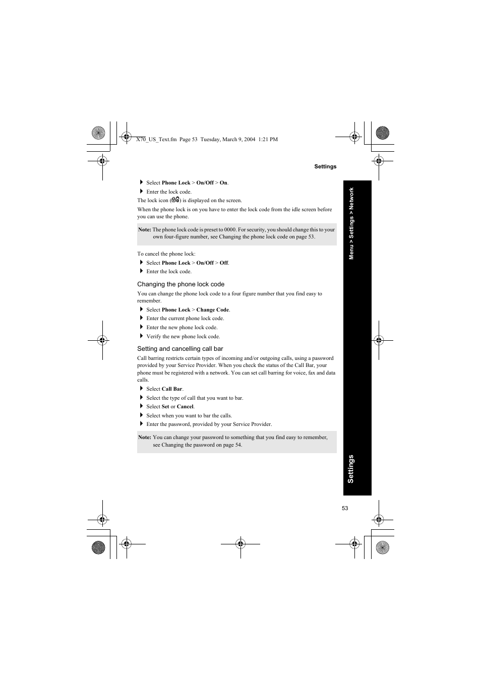 Changing the phone lock code, Setting and cancelling call bar | Panasonic EB-X70 User Manual | Page 53 / 158