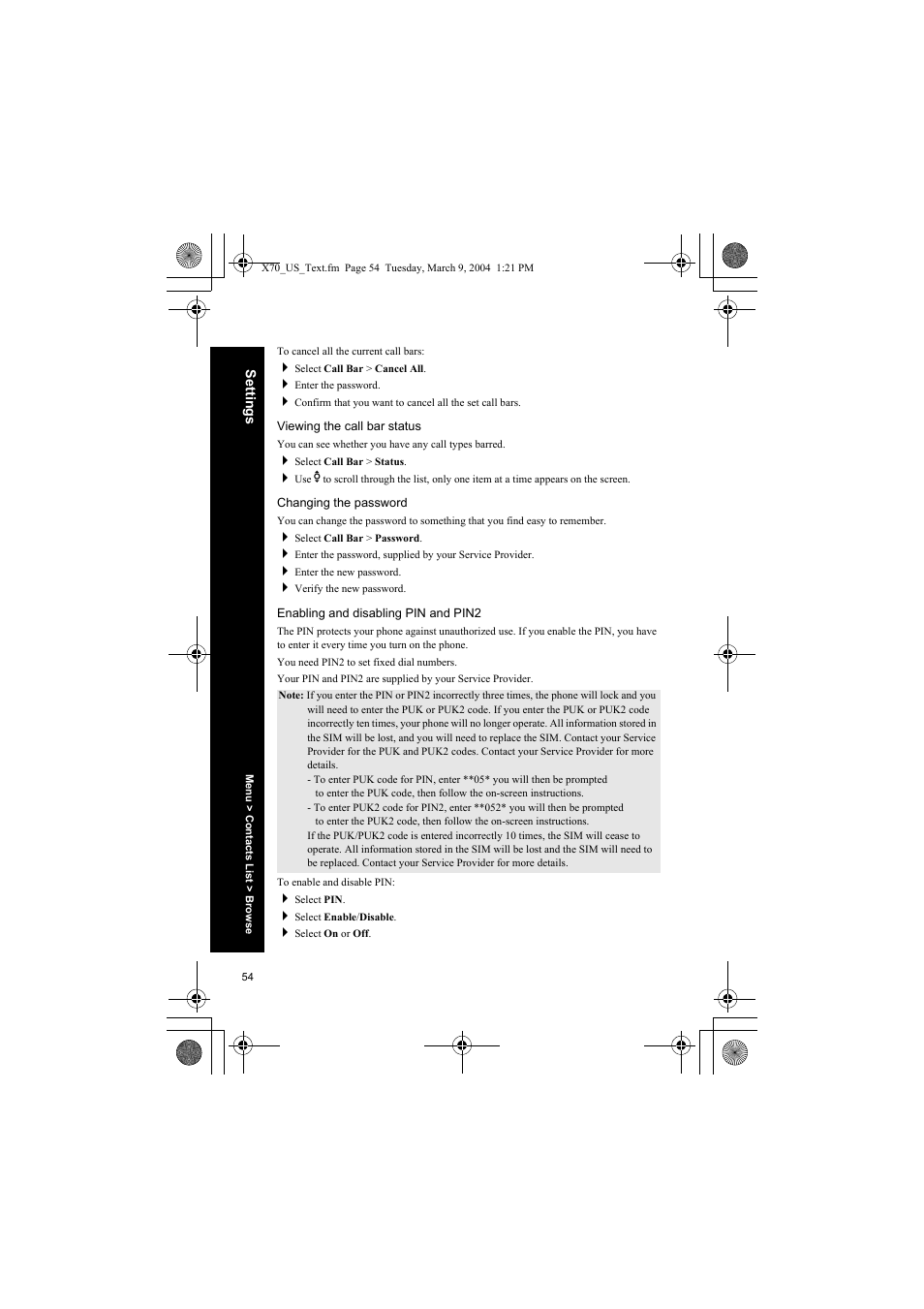 Viewing the call bar status, Changing the password, Enabling and disabling pin and pin2 | Panasonic EB-X70 User Manual | Page 54 / 158