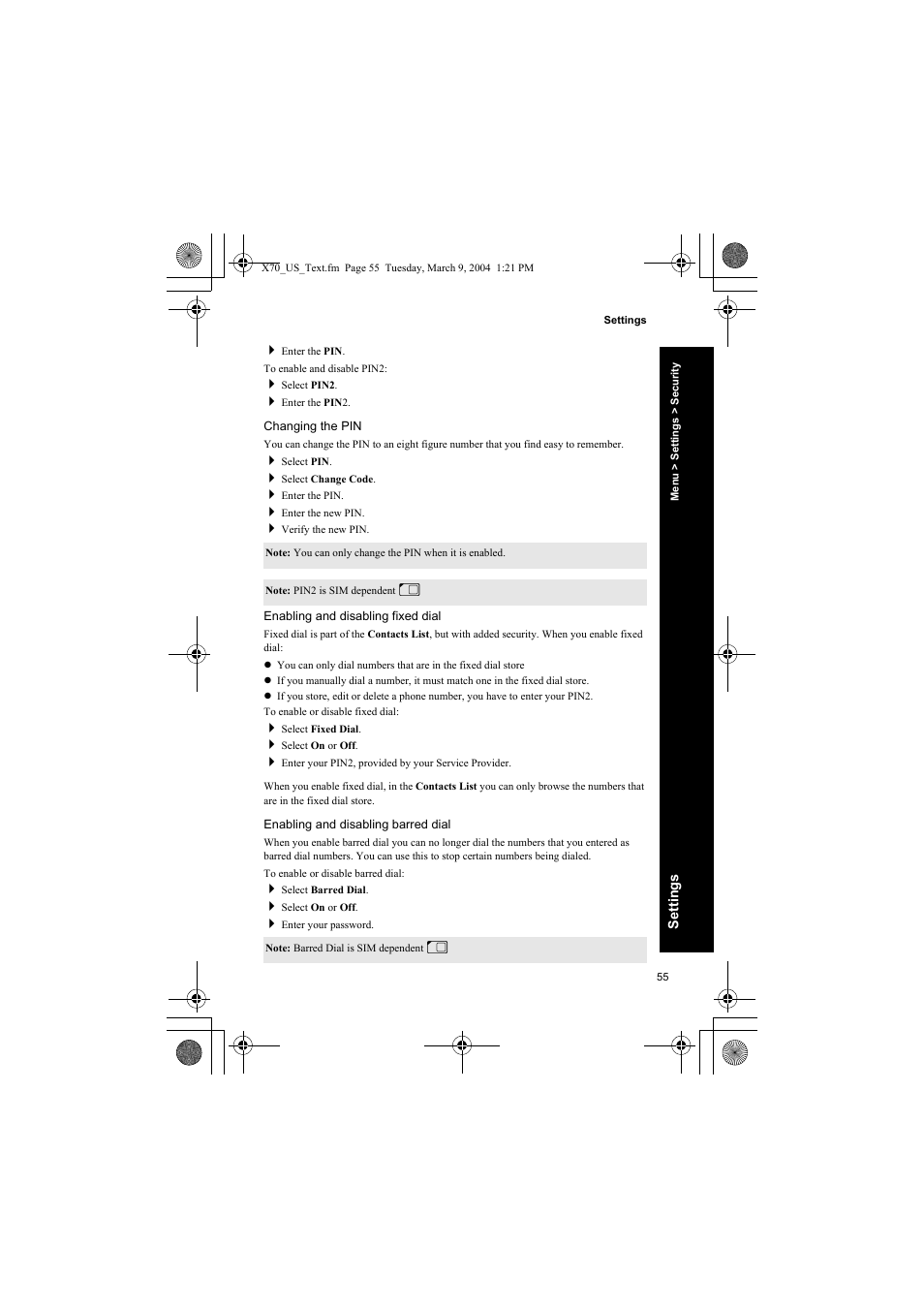 Changing the pin, Enabling and disabling fixed dial, Enabling and disabling barred dial | Panasonic EB-X70 User Manual | Page 55 / 158