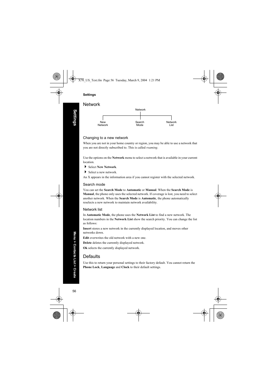 Network, Changing to a new network, Search mode | Network list, Defaults | Panasonic EB-X70 User Manual | Page 56 / 158