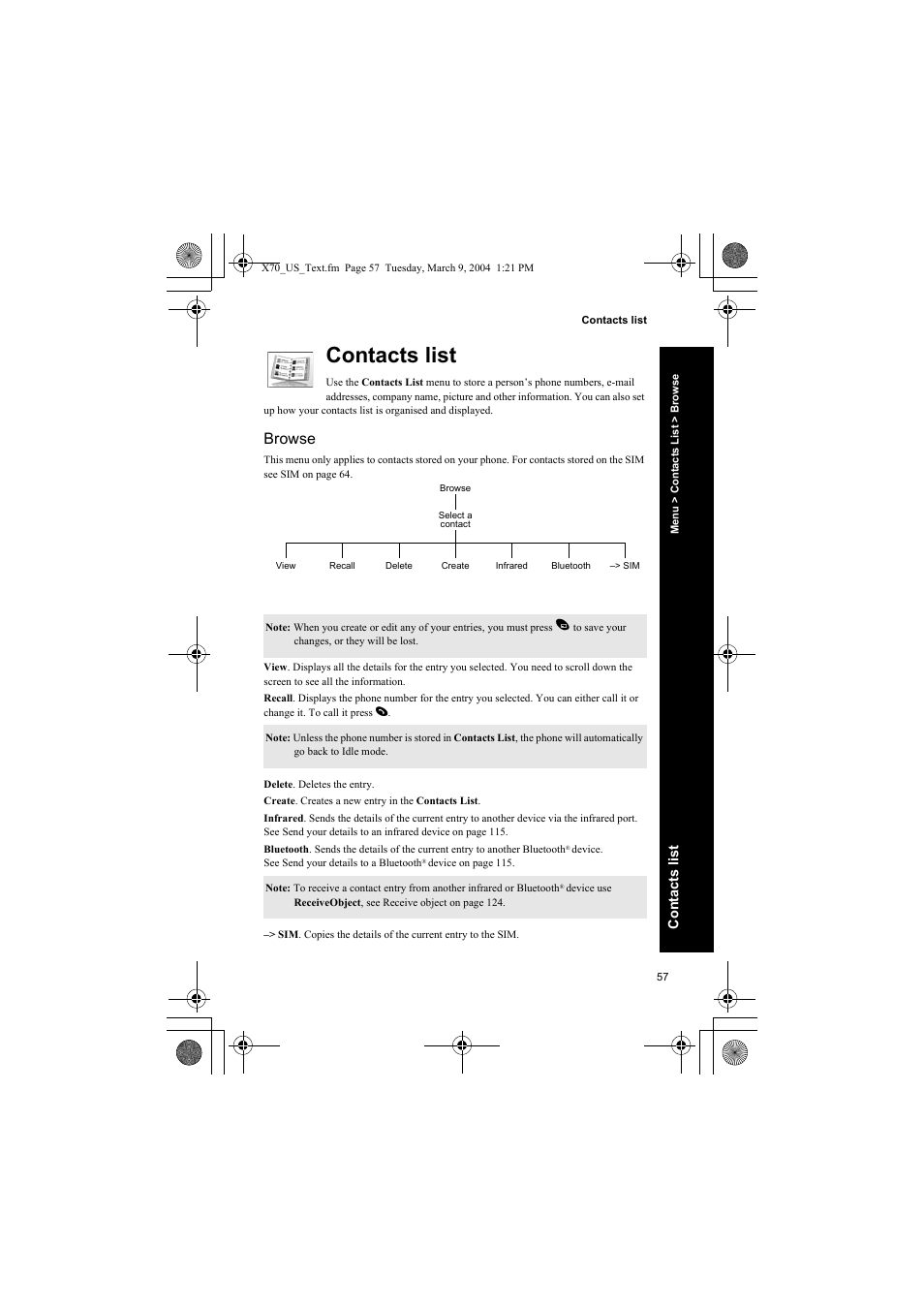 Contacts list, Browse | Panasonic EB-X70 User Manual | Page 57 / 158