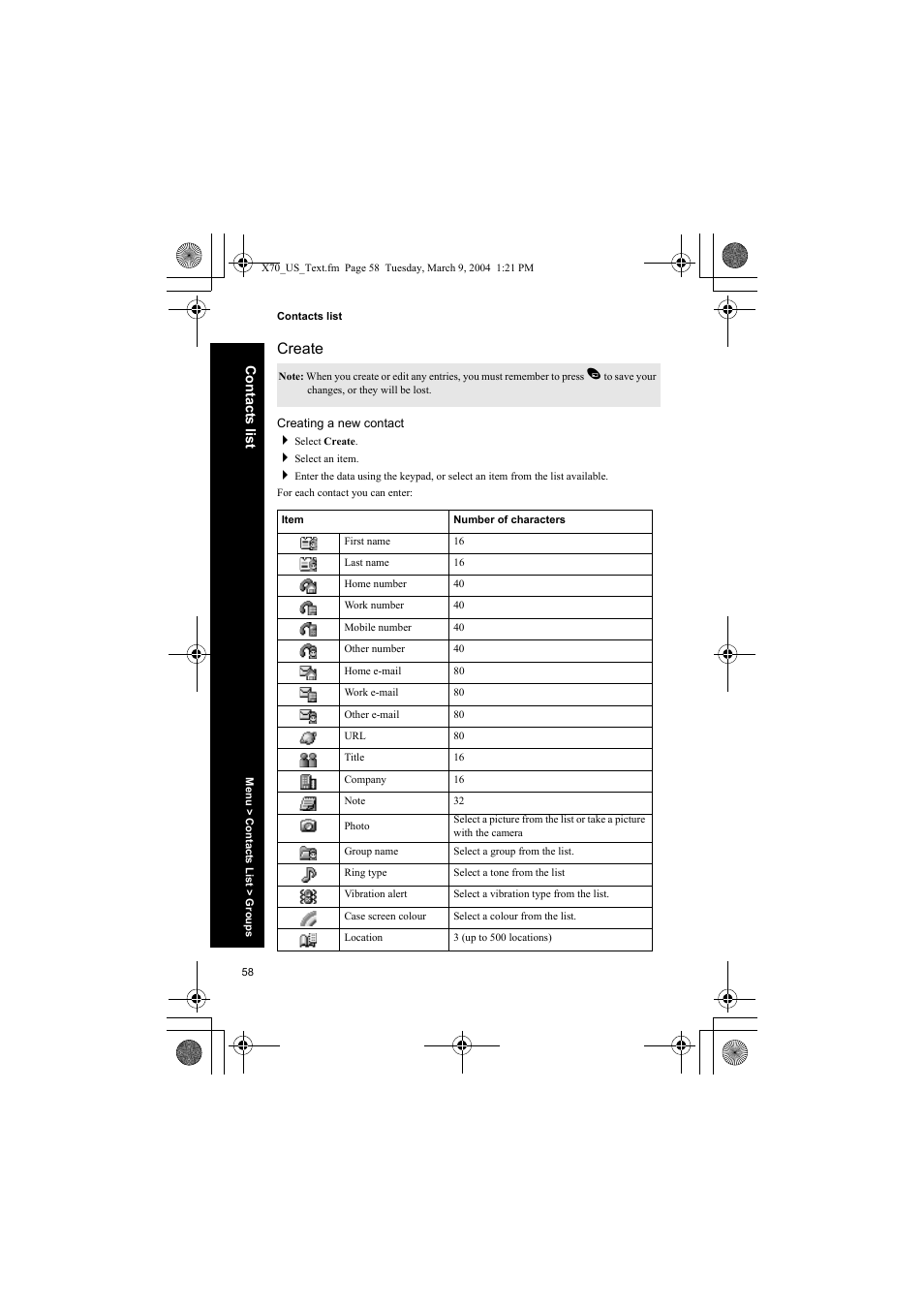 Create, Creating a new contact | Panasonic EB-X70 User Manual | Page 58 / 158