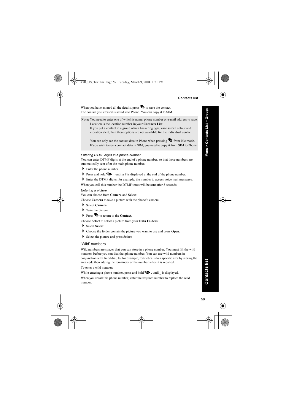 Entering dtmf digits in a phone number, Entering a picture, Wild’ numbers | Panasonic EB-X70 User Manual | Page 59 / 158