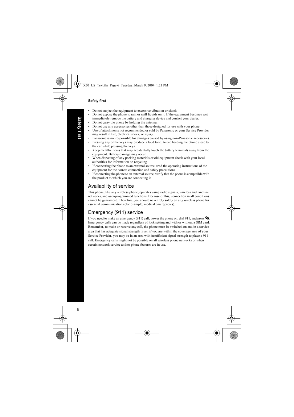 Availability of service, Emergency (911) service | Panasonic EB-X70 User Manual | Page 6 / 158