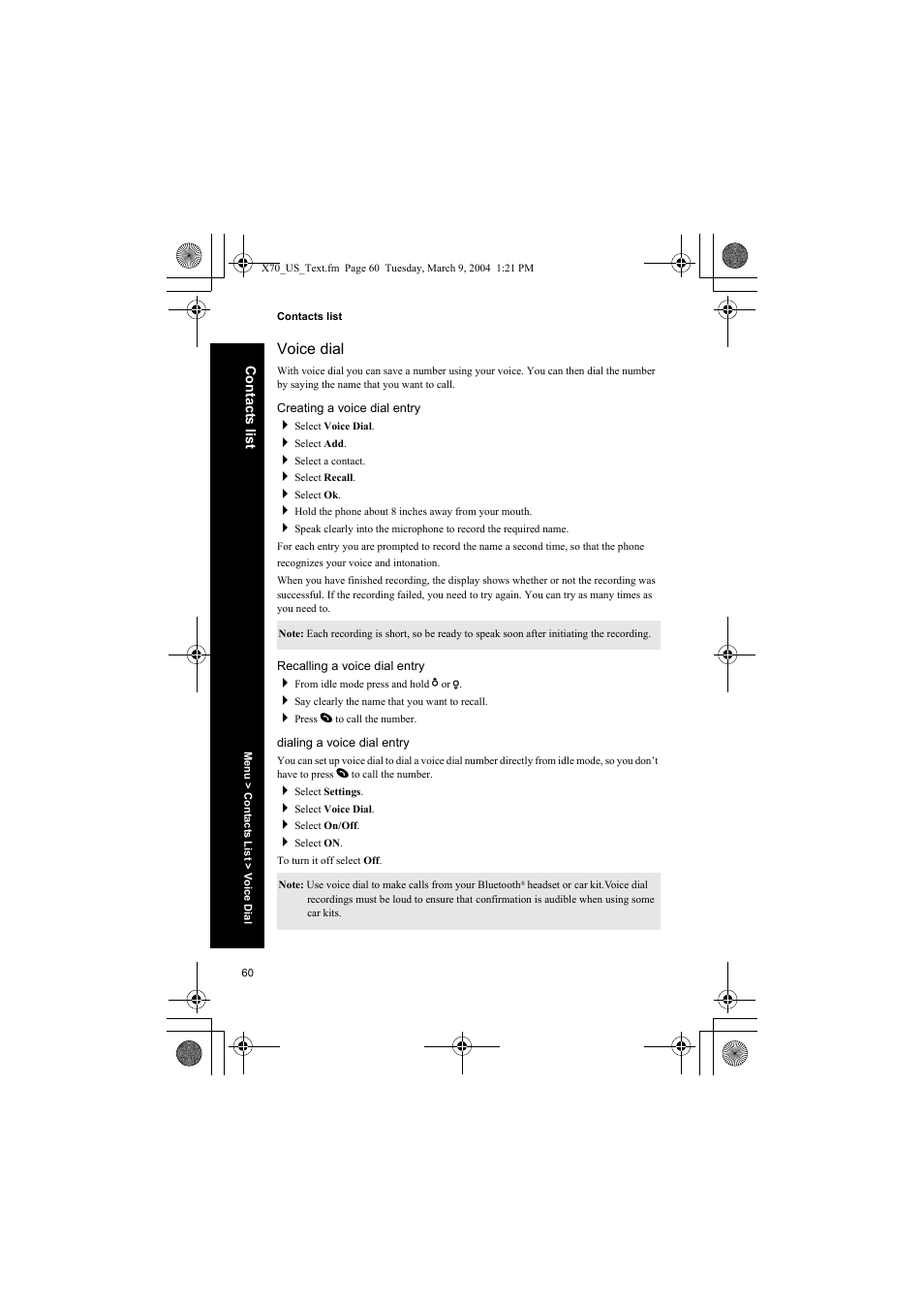 Voice dial, Creating a voice dial entry, Recalling a voice dial entry | Dialing a voice dial entry | Panasonic EB-X70 User Manual | Page 60 / 158