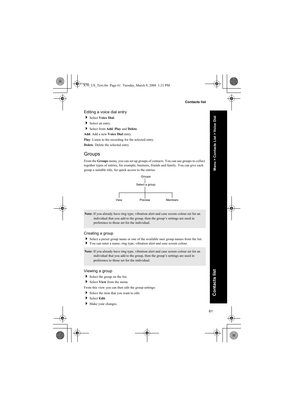 Editing a voice dial entry, Groups, Creating a group | Viewing a group | Panasonic EB-X70 User Manual | Page 61 / 158