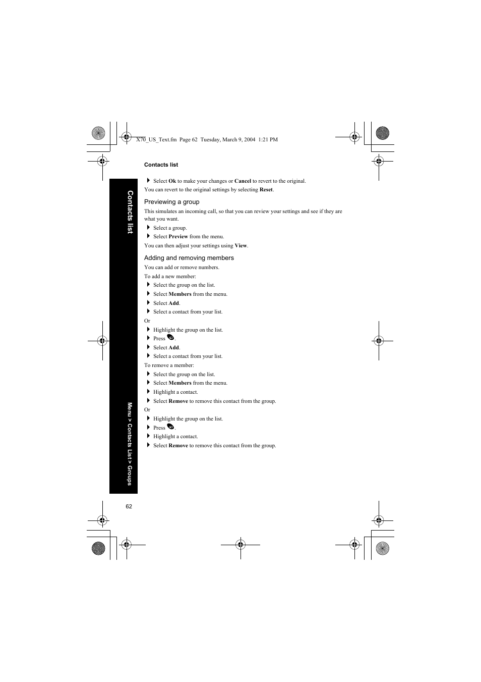 Previewing a group, Adding and removing members | Panasonic EB-X70 User Manual | Page 62 / 158