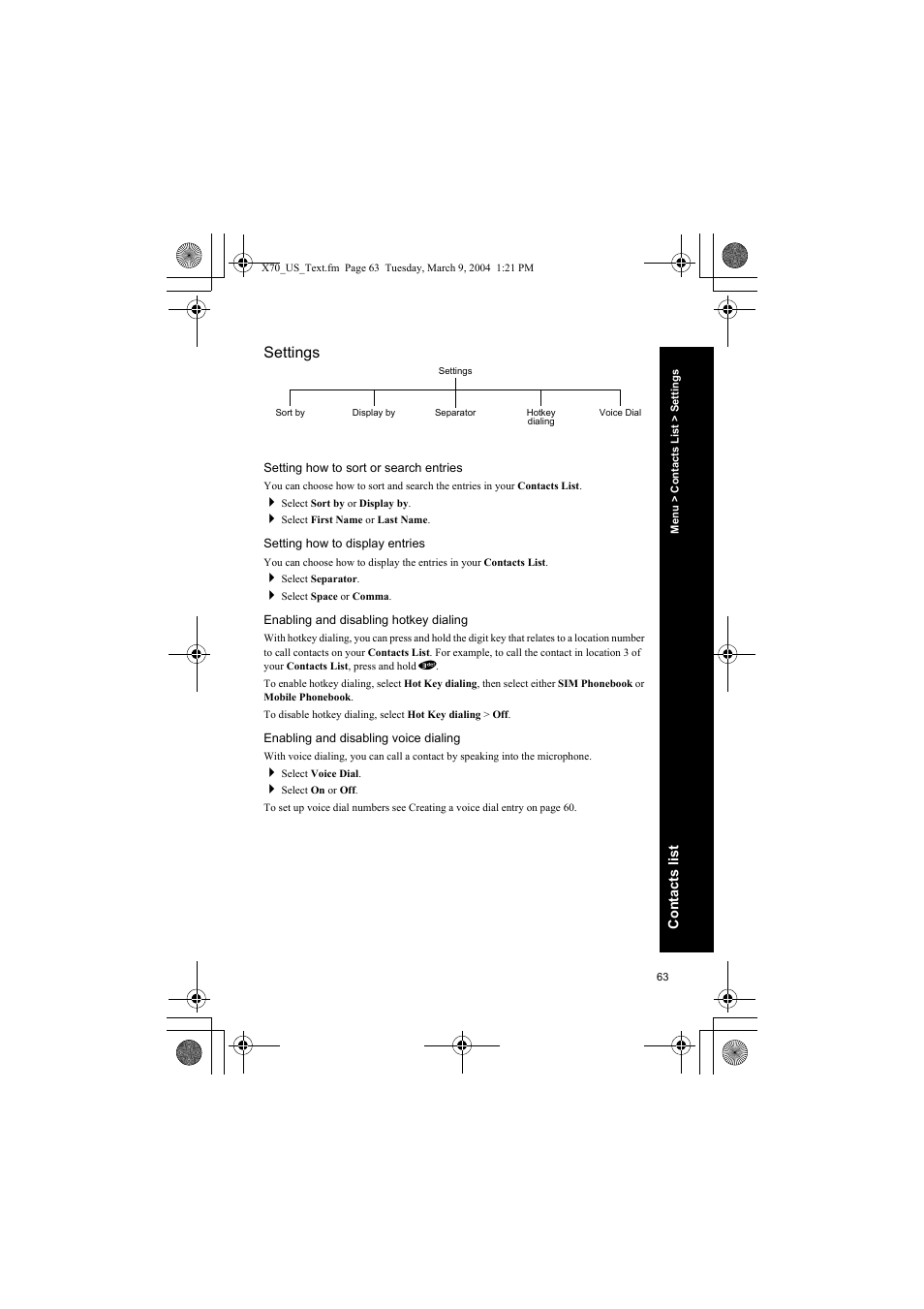 Settings, Setting how to sort or search entries, Setting how to display entries | Enabling and disabling hotkey dialing, Enabling and disabling voice dialing | Panasonic EB-X70 User Manual | Page 63 / 158