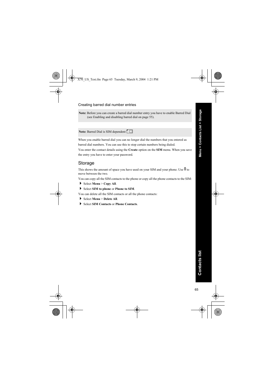 Creating barred dial number entries, Storage | Panasonic EB-X70 User Manual | Page 65 / 158