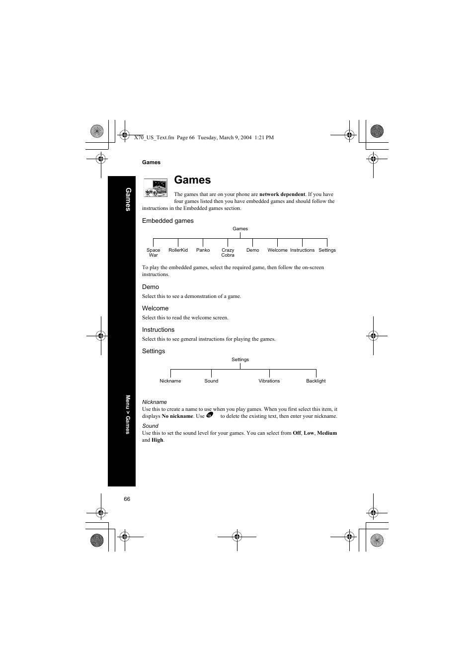 Games, Embedded games, Demo | Welcome, Instructions, Settings, Nickname, Sound | Panasonic EB-X70 User Manual | Page 66 / 158