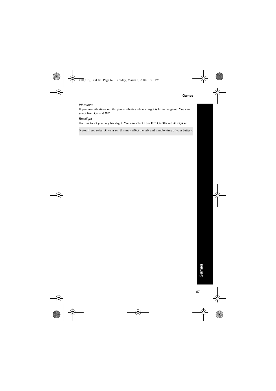 Vibrations, Backlight | Panasonic EB-X70 User Manual | Page 67 / 158