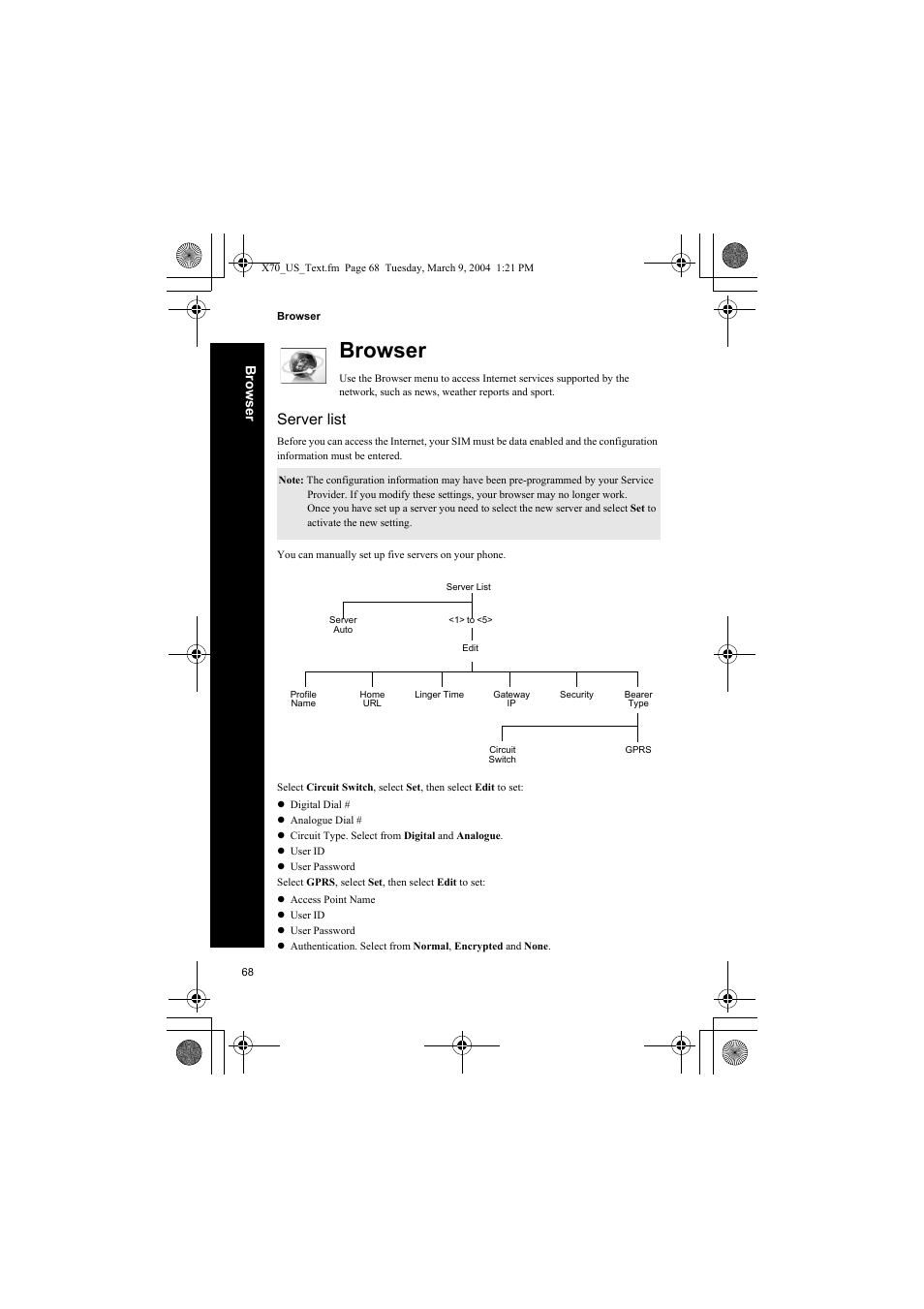 Browser, Server list, Brows er | Panasonic EB-X70 User Manual | Page 68 / 158