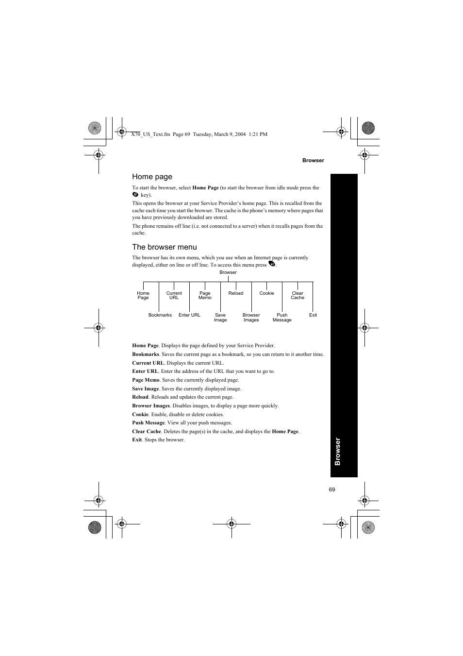 The browser menu, Home page, Browse r | Panasonic EB-X70 User Manual | Page 69 / 158