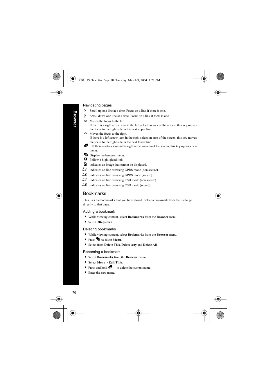 Bookmarks, Adding a bookmark, Deleting bookmarks | Renaming a bookmark | Panasonic EB-X70 User Manual | Page 70 / 158