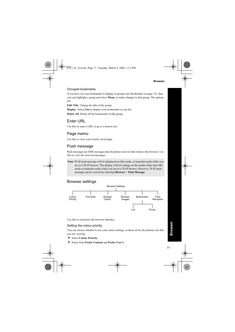 Grouped bookmarks, Enter url, Push message | Browser settings, Setting the colour priority | Panasonic EB-X70 User Manual | Page 71 / 158