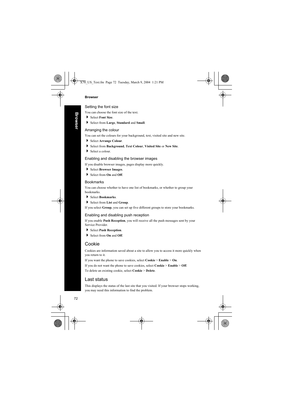 Setting the font size, Arranging the colour, Enabling and disabling the browser images | Bookmarks, Enabling and disabling push reception, Cookie, Last status | Panasonic EB-X70 User Manual | Page 72 / 158