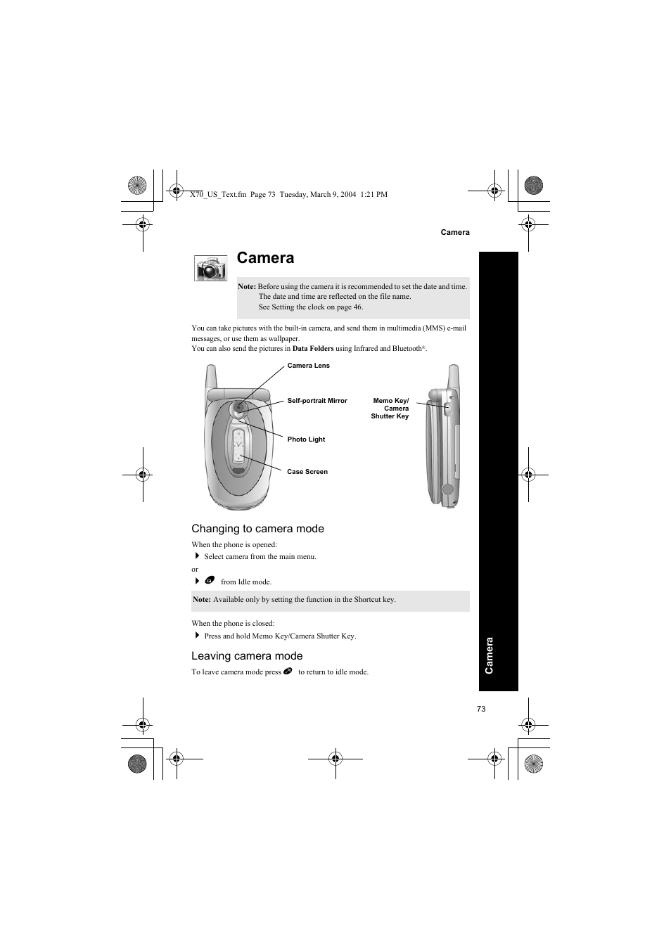 Camera, Changing to camera mode, Leaving camera mode | Panasonic EB-X70 User Manual | Page 73 / 158