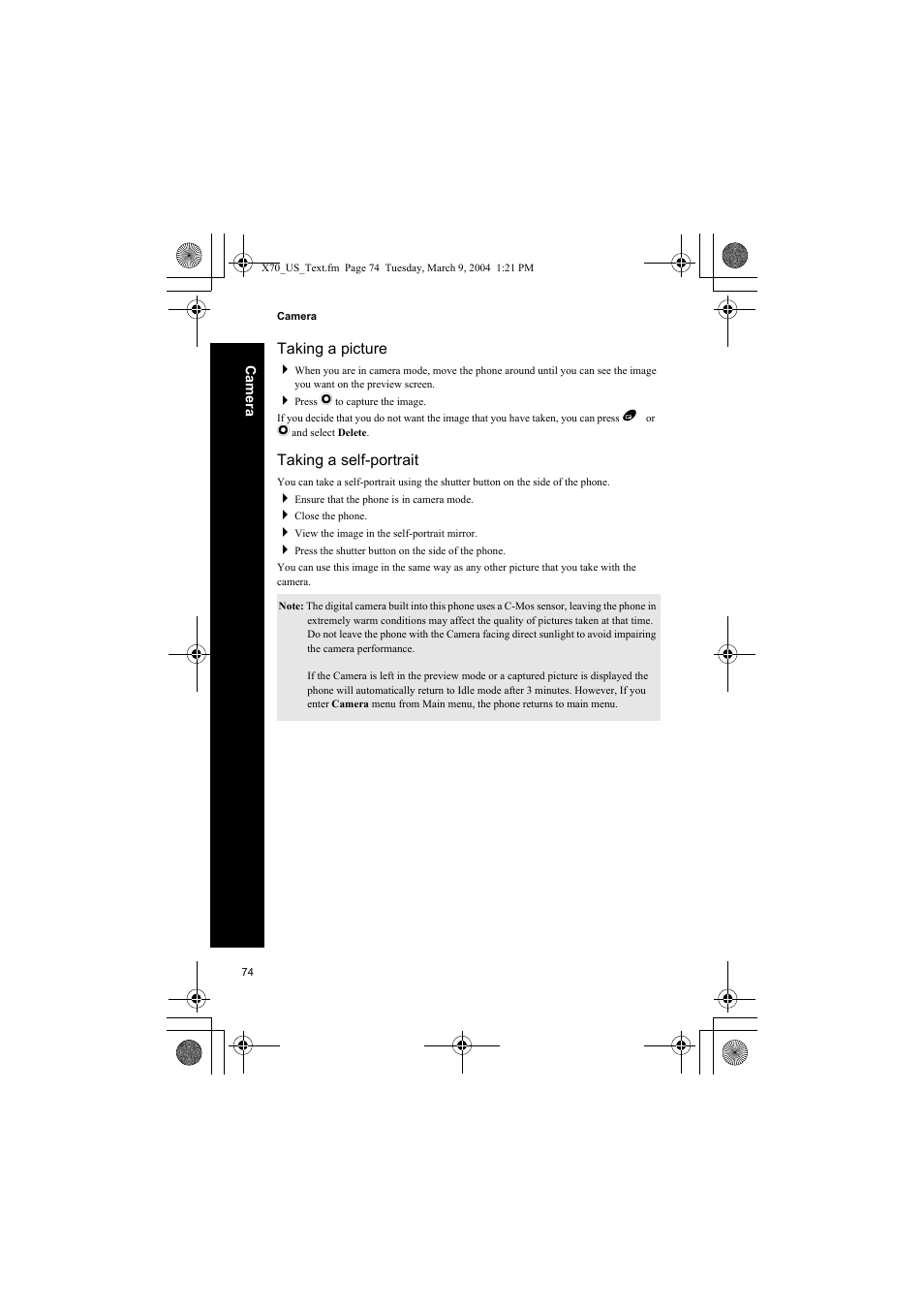 Taking a picture, Taking a self-portrait | Panasonic EB-X70 User Manual | Page 74 / 158