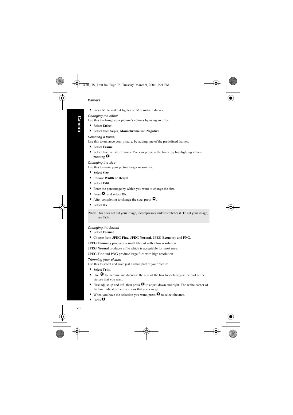 Changing the effect, Selecting a frame, Changing the size | Changing the format, Trimming your picture | Panasonic EB-X70 User Manual | Page 76 / 158