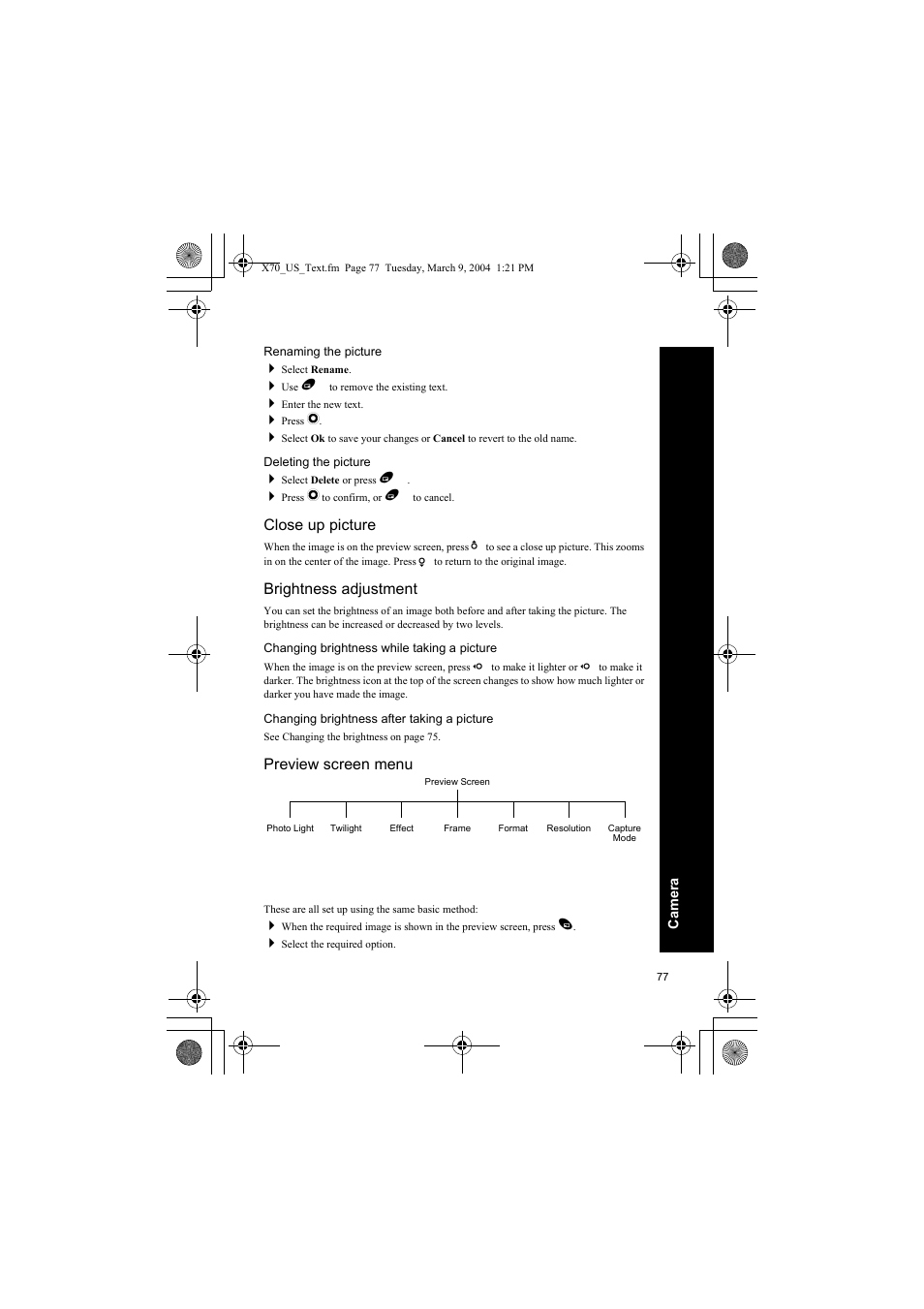 Renaming the picture, Deleting the picture, Close up picture | Brightness adjustment, Changing brightness while taking a picture, Changing brightness after taking a picture, Preview screen menu | Panasonic EB-X70 User Manual | Page 77 / 158