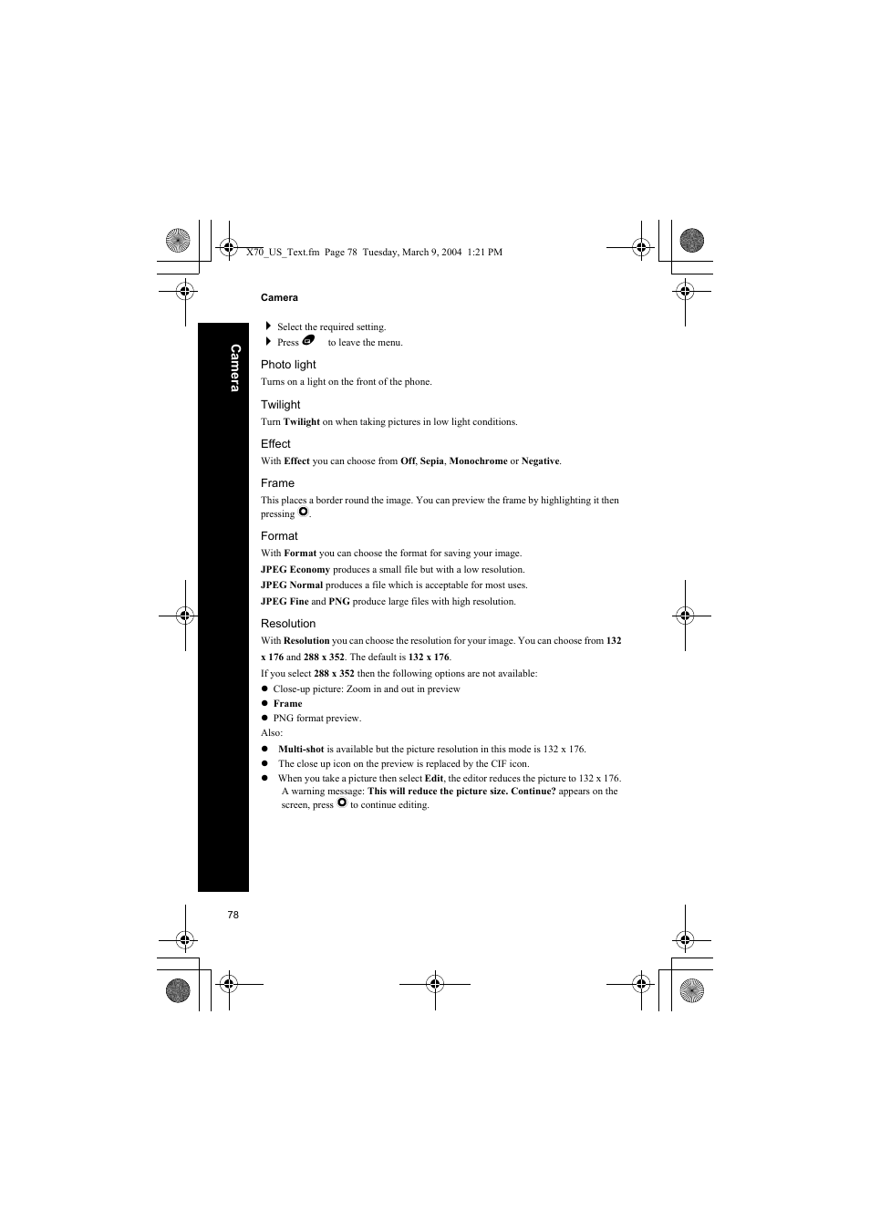 Photo light, Twilight, Effect | Frame, Format, Resolution | Panasonic EB-X70 User Manual | Page 78 / 158