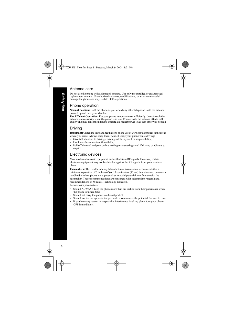 Antenna care, Phone operation, Driving | Electronic devices | Panasonic EB-X70 User Manual | Page 8 / 158