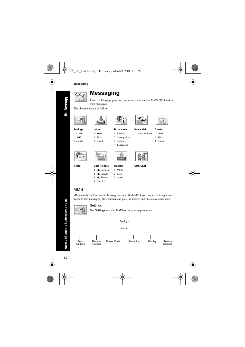 Messaging, Settings, Mess agin g | Panasonic EB-X70 User Manual | Page 80 / 158