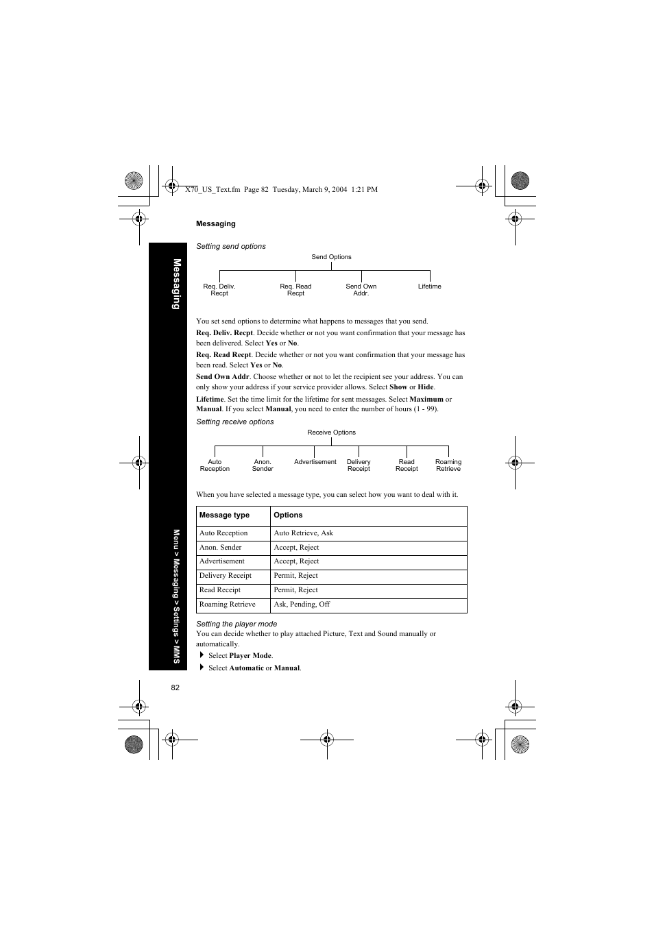 Setting send options, Setting receive options, Setting the player mode | Panasonic EB-X70 User Manual | Page 82 / 158