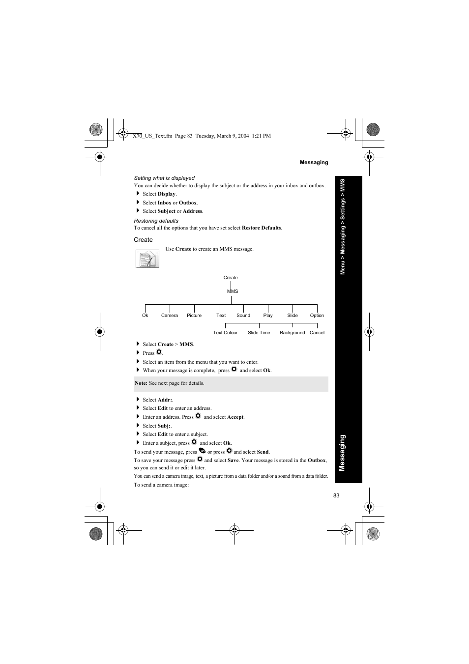 Setting what is displayed, Restoring defaults, Create | Panasonic EB-X70 User Manual | Page 83 / 158