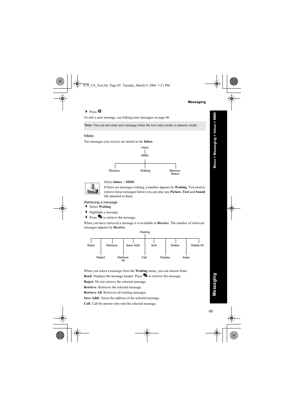 Inbox, Retrieving a message | Panasonic EB-X70 User Manual | Page 85 / 158