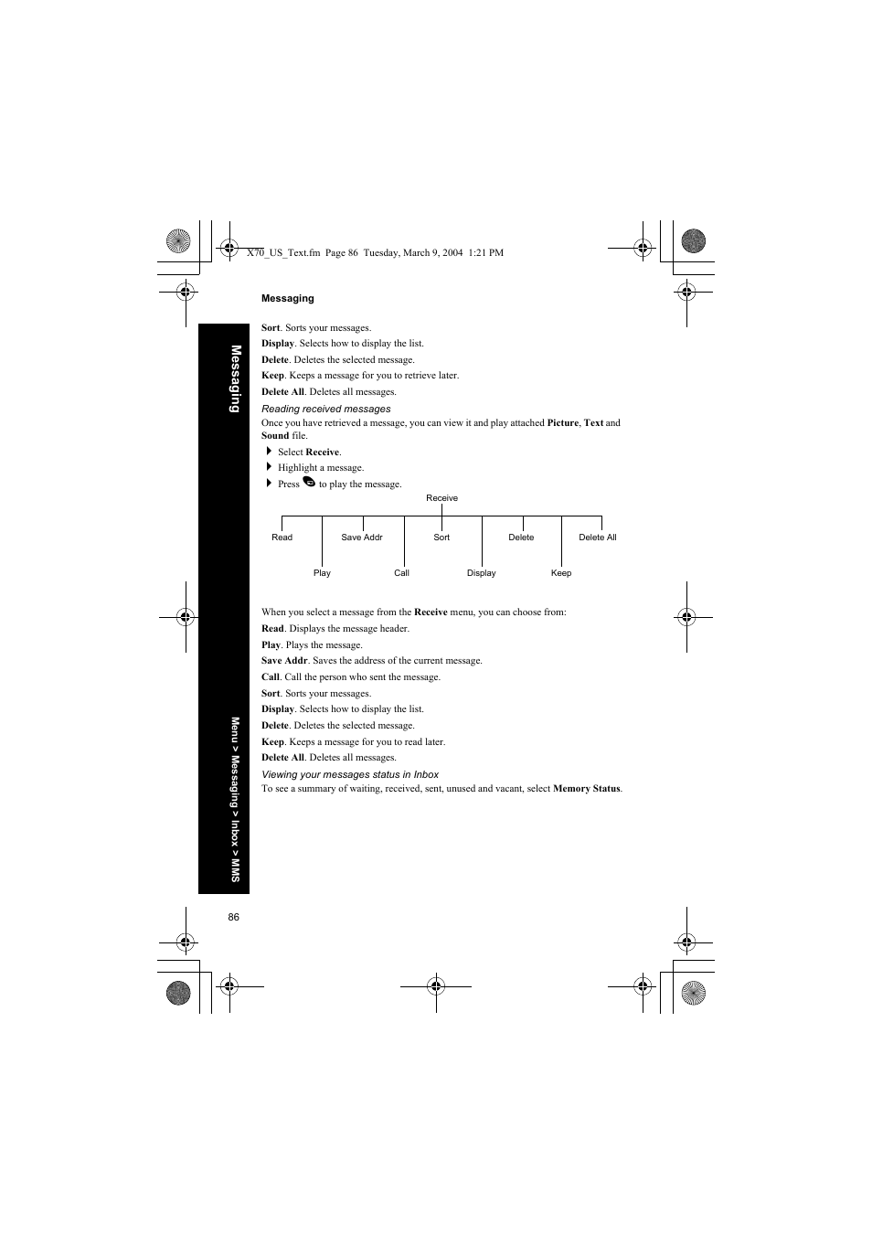 Reading received messages, Viewing your messages status in inbox | Panasonic EB-X70 User Manual | Page 86 / 158