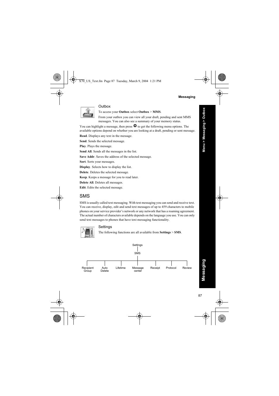 Outbox, Settings | Panasonic EB-X70 User Manual | Page 87 / 158