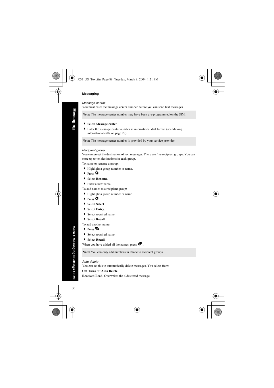 Message center, Recipient group, Auto delete | Panasonic EB-X70 User Manual | Page 88 / 158