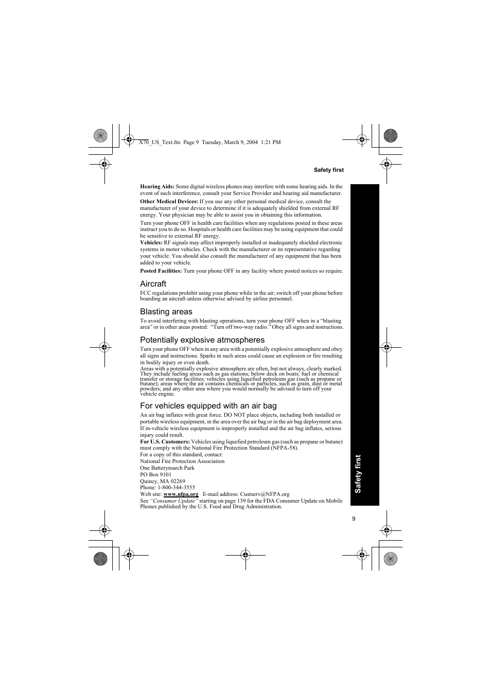 Aircraft, Blasting areas, Potentially explosive atmospheres | For vehicles equipped with an air bag | Panasonic EB-X70 User Manual | Page 9 / 158
