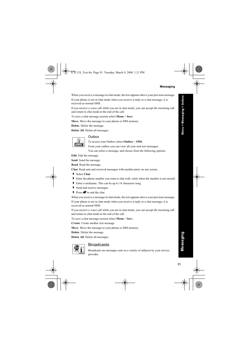 Outbox, Broadcasts | Panasonic EB-X70 User Manual | Page 91 / 158