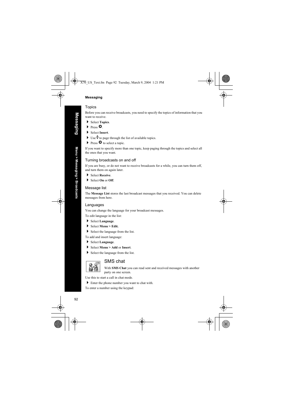 Topics, Turning broadcasts on and off, Message list | Languages, Sms chat | Panasonic EB-X70 User Manual | Page 92 / 158