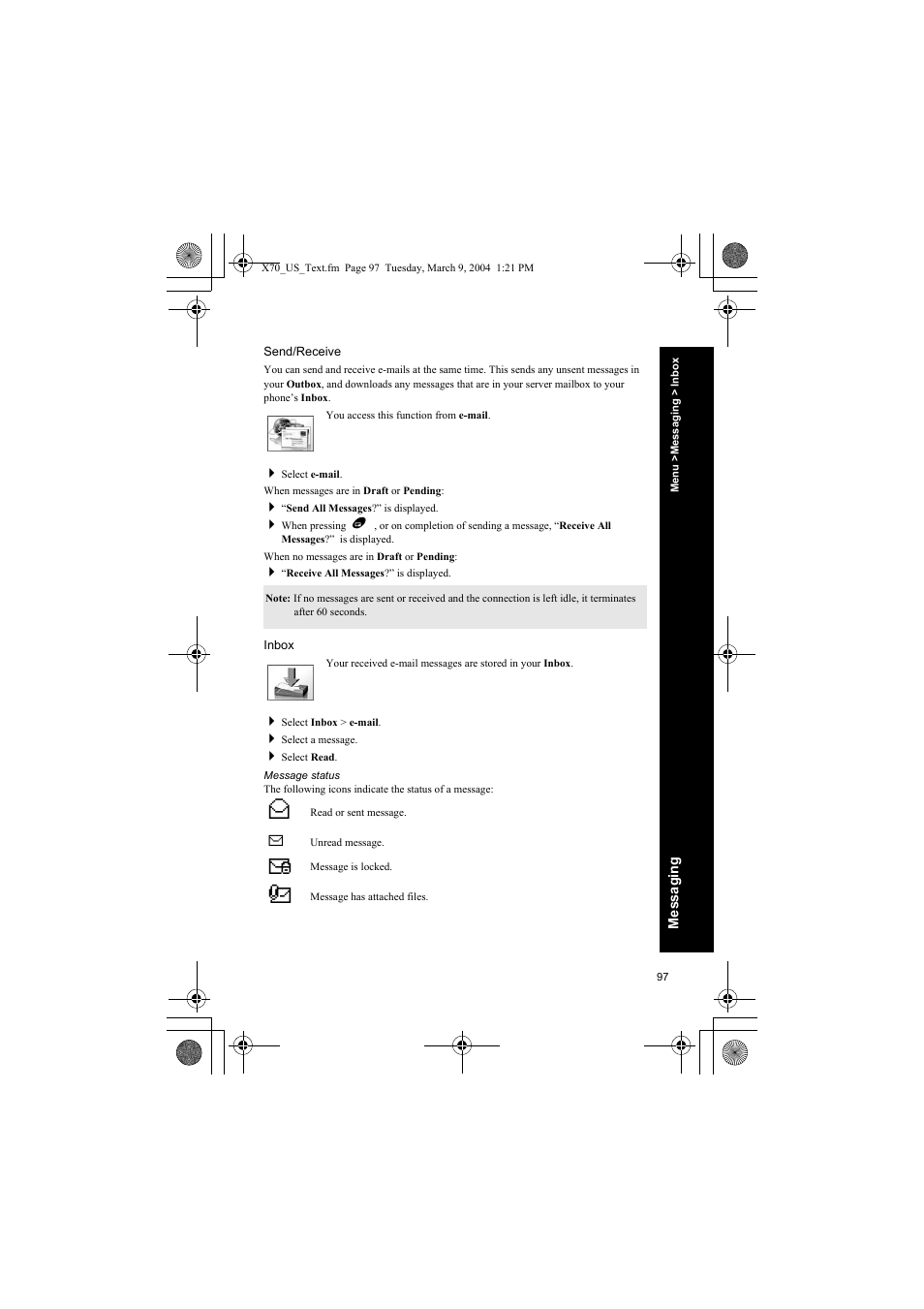 Send/receive, Inbox, Message status | Panasonic EB-X70 User Manual | Page 97 / 158