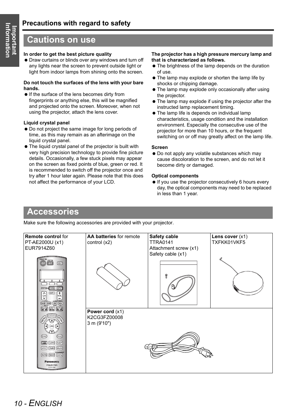 Cautions on use, Accessories, Cautions on use accessories | Nglish, Precautions with regard to safety | Panasonic PT-AE2000U User Manual | Page 10 / 58