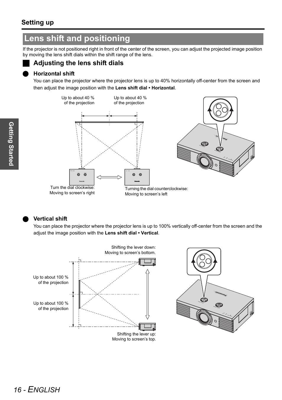 Lens shift and positioning, Nglish, Setting up | Jadjusting the lens shift dials | Panasonic PT-AE2000U User Manual | Page 16 / 58