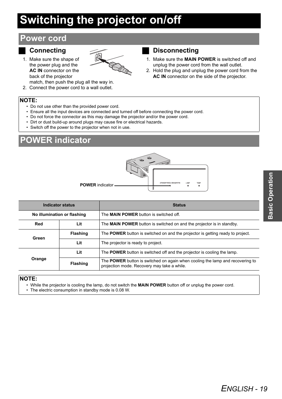 Switching the projector on/off, Power cord, Power indicator | Power cord power indicator, Nglish - 19, Jconnecting, Jdisconnecting | Panasonic PT-AE2000U User Manual | Page 19 / 58