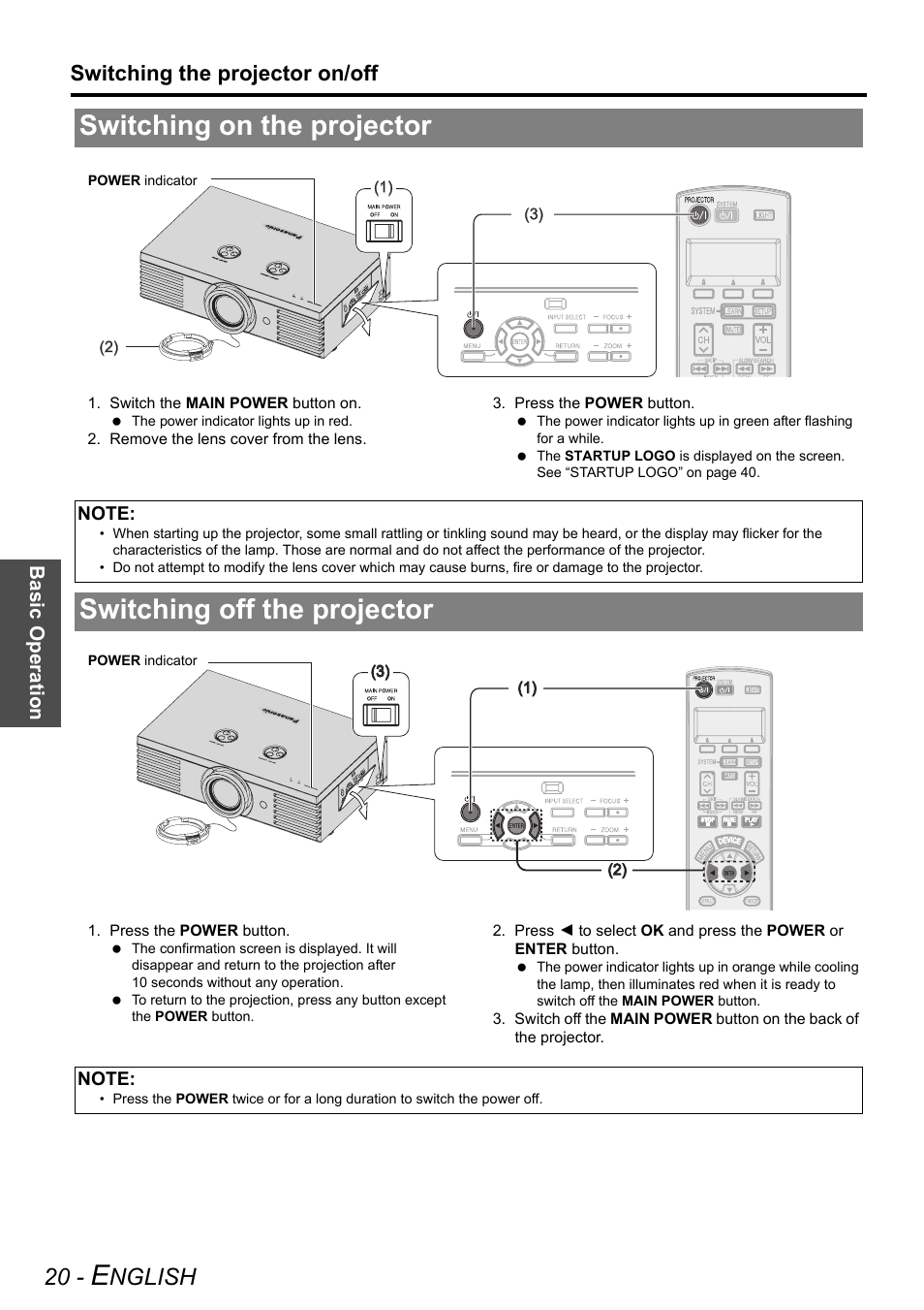 Switching on the projector, Switching off the projector, Nglish | Switching the projector on/off | Panasonic PT-AE2000U User Manual | Page 20 / 58