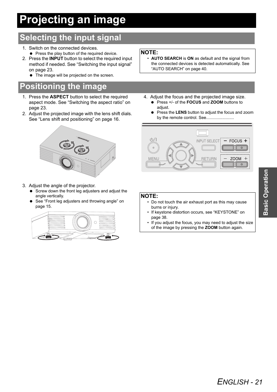 Projecting an image, Selecting the input signal, Positioning the image | Selecting the input signal positioning the image, Nglish - 21 | Panasonic PT-AE2000U User Manual | Page 21 / 58