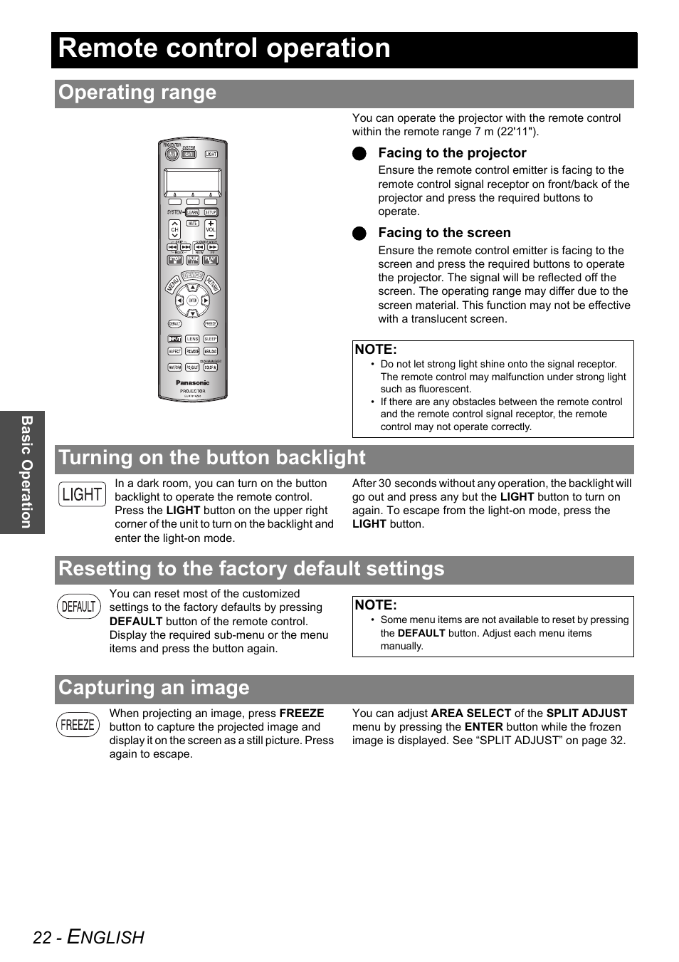 Remote control operation, Operating range, Turning on the button backlight | Resetting to the factory default settings, Capturing an image, Nglish | Panasonic PT-AE2000U User Manual | Page 22 / 58