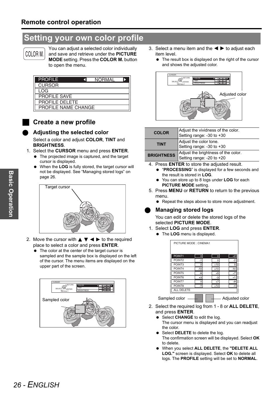 Setting your own color profile, Nglish, Remote control operation | Jcreate a new profile, Basi c op eration, Qadjusting the selected color, Qmanaging stored logs | Panasonic PT-AE2000U User Manual | Page 26 / 58