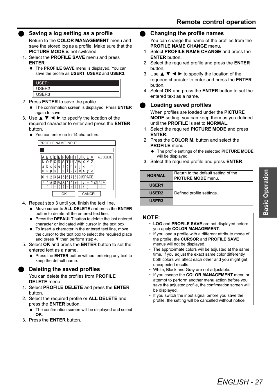 Nglish - 27, Remote control operation, Basic o p eration | Qsaving a log setting as a profile, Qdeleting the saved profiles, Qchanging the profile names, Qloading saved profiles | Panasonic PT-AE2000U User Manual | Page 27 / 58