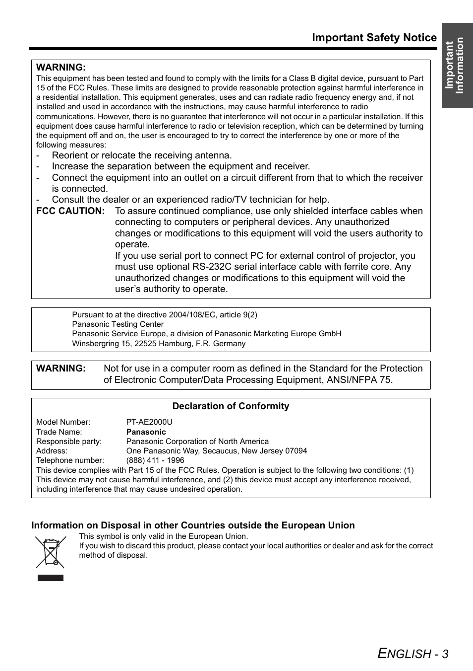 Nglish - 3, Important safety notice | Panasonic PT-AE2000U User Manual | Page 3 / 58
