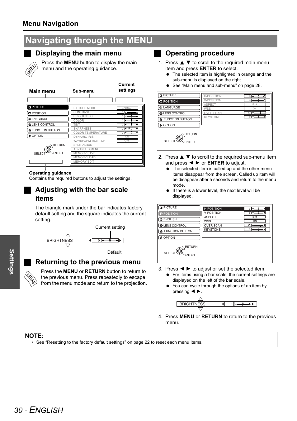 Navigating through the menu, Nglish, Menu navigation | Jdisplaying the main menu, Jadjusting with the bar scale items, Jreturning to the previous menu, Joperating procedure, Settings | Panasonic PT-AE2000U User Manual | Page 30 / 58