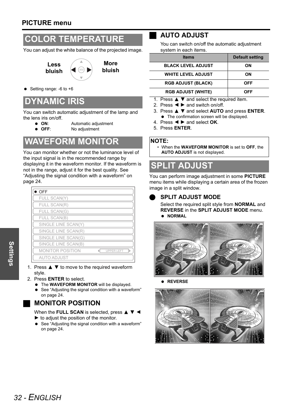 Color temperature, Dynamic iris, Waveform monitor | Split adjust, Color temperature dynamic iris waveform monitor, Nglish, Picture menu, Jmonitor position, Jauto adjust | Panasonic PT-AE2000U User Manual | Page 32 / 58