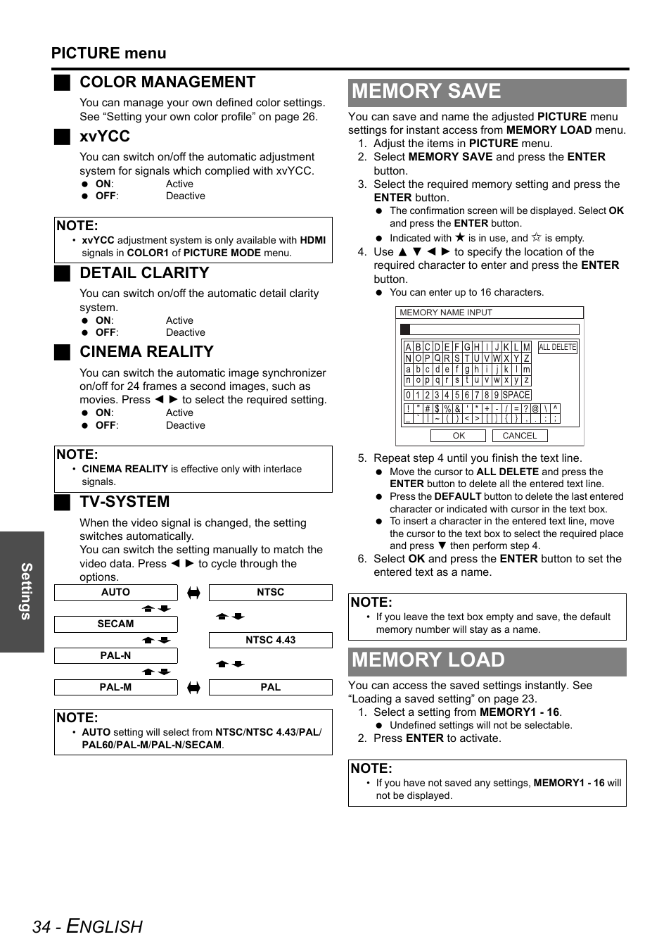 Memory save, Memory load, Memory save memory load | Nglish, Picture menu, Jcolor management, Jxvycc, Jdetail clarity, Jcinema reality, Jtv-system | Panasonic PT-AE2000U User Manual | Page 34 / 58